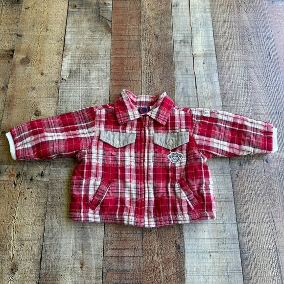 Baby Q red plaid jacket boys 6-9 months lining bear lodge design elbow patches - Picture 1 of 7